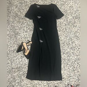 Black Midi Dress with Rhinestone Bow Details